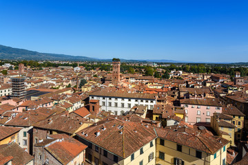 Fototapeta na wymiar View on city from Torre delle Ore clock tower in Lucca. Italy