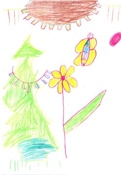 children drawing flower and butterfly white background