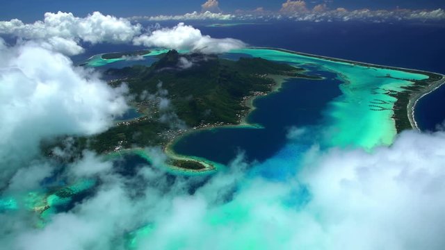 Aerial of Bora Bora Mt Otemanu Vaitape tropical Overwater Bungalows 