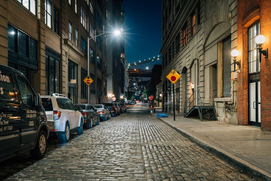 Cobblestone street at night in DUMBO, Brooklyn, New York City