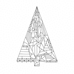 Christmas tree coloring page. Hand drawn abstract winter holidays vector illustration. Xmas background in modern style.
