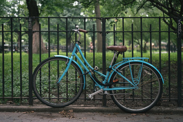 Fototapeta na wymiar A blue bike at Tompkins Square Park, in the East Village, Manhattan, New York City