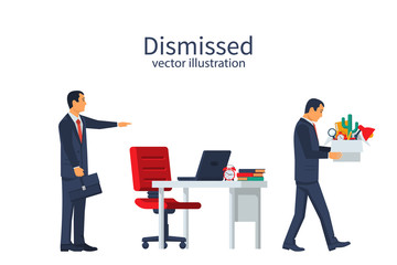 Firing employee. Sad man with a box in hands leaves work. Boss points out bismissed businessman. Employee job reduction, unemployment, crisis in job. Vector illustration flat design.