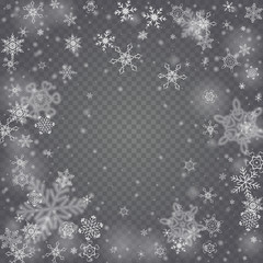 Vector snowfall, snowflakes of various shapes. Many white cold flaky elements on transparent background. White falling fly in the air.