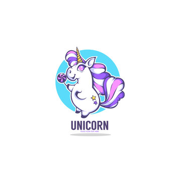 Little Cute Unicorn holding a candy, vector illustration for your label, logo, emblem