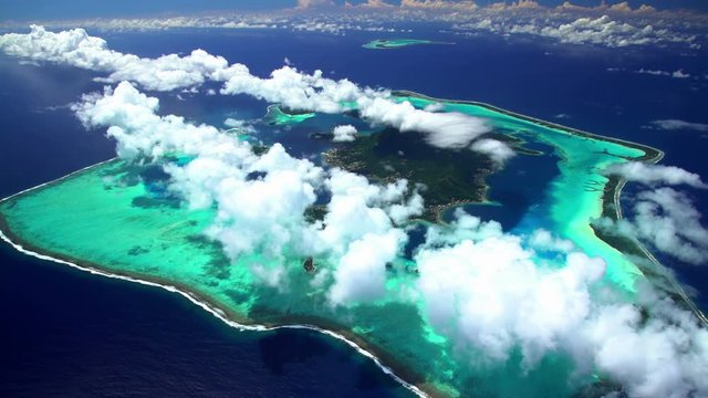Aerial view of barrier reef on Bora Bora Tupai Heart Island South Pacific 