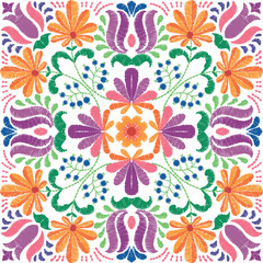 Vector seamless decorative floral embroidery pattern, ornament for textile, kerchief, pillow or handbag decor. Bohemian handmade style background design. - 237677834