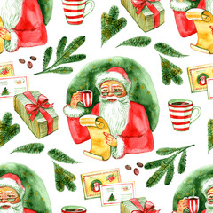 Seamless pattern. Vintage watercolor cute Santa Claus drinking hot tea, coffee and reads letters. Christmas illustration, Holiday design elements.