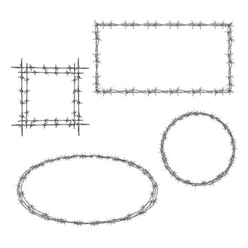 Wreathed with barbed wire rectangle, square and round frames realistic vector set isolated on whiter background. Concentration camps prisoners memorial, struggle for freedom concept design element