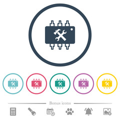 Hardware maintenance flat color icons in round outlines