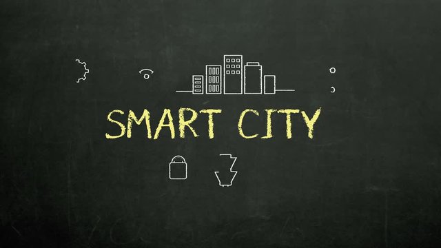 Chalk drawing of 'SMART CITY' and various connected smart city icon 4k animation.