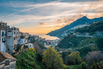 Fototapeta na wymiar Sunset over Vietri Sul Mare, on the Amalfi Coast in Campania, Italy