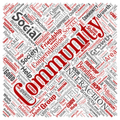 Vector conceptual community, social, connection square red word cloud isolated background. Collage of group, teamwork, diversity, friendship, communication, inclusion, care, respect concept