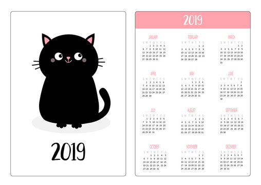 Pocket calendar 2019 year. Week starts Sunday. Black cat sitting icon. Cute funny cartoon character. Kawaii animal. Kitty kitten Baby pet collection. White background. Flat design.