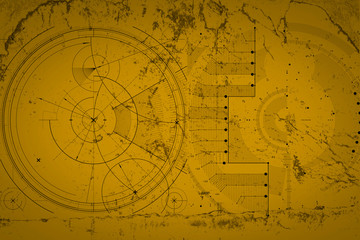 Abstract grunge futuristic cyber technology background. Sci-fi circuit design. Blueprint on old grungy surface. Cyber punk backdrop