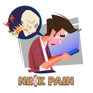 Man using smartphone tablet and get neck pain. typographic - vector
