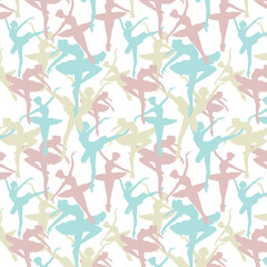 Seamless pattern of Dancing ballerinas silhoette in light-pink, blue and yellow  collors