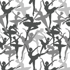 Seamless pattern of Dancing ballerinas silhoette in black and grey collors. Monochrome pattern..