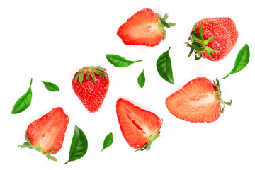 Strawberries decorated with leaves isolated on white background with copy space for your text. Top view. Flat lay