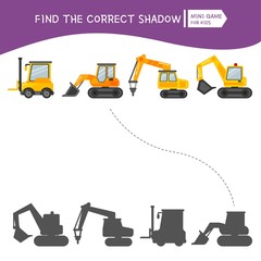 Educational  game for children. Find the right shadow. Kids activity with cartoon transport.