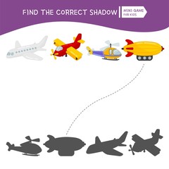 Educational  game for children. Find the right shadow. Kids activity with cartoon air transport.