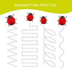 Fotobehang Handwriting practice sheet. Basic writing. Educational game for children. Cartoon ladybug. © Алёна Игдеева