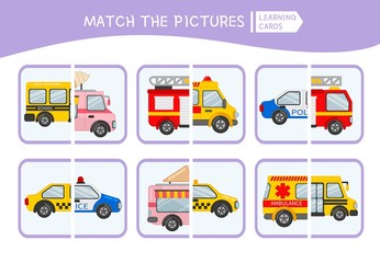 Matching children educational game. Match parts of cars. Activity for pre shool years kids and toddlers.