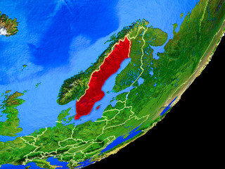 Sweden on planet Earth with country borders and highly detailed planet surface.