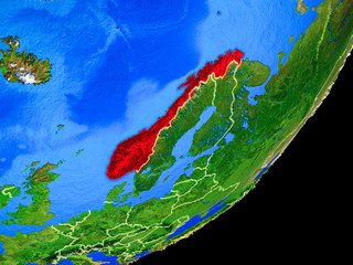 Norway on planet Earth with country borders and highly detailed planet surface.
