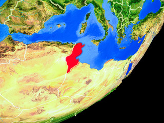 Tunisia on planet Earth with country borders and highly detailed planet surface.
