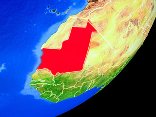 Mauritania on planet Earth with country borders and highly detailed planet surface.