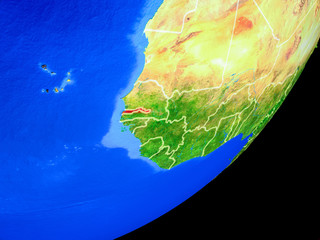 Fototapeta premium Gambia on planet Earth with country borders and highly detailed planet surface.