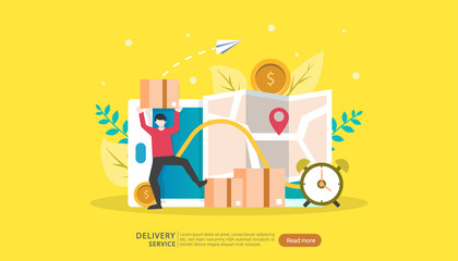 Online Delivery service. order express tracking concept with tiny character and cargo box truck. template for web landing page, banner, presentation, social media and print media. Vector illustration.