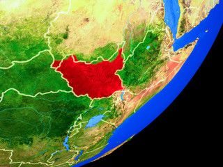 South Sudan on planet Earth with country borders and highly detailed planet surface.