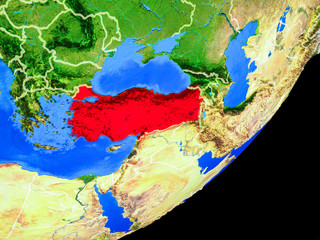 Turkey on planet Earth with country borders and highly detailed planet surface.