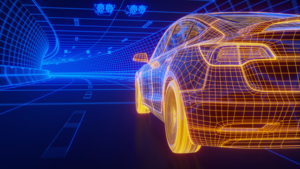 Yellow wireframe Modern Electric car rides through Blue tunnel 3d rendering