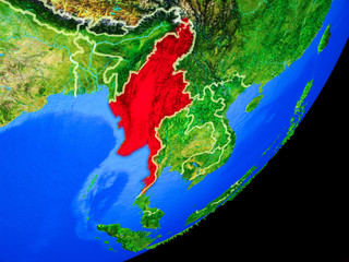 Myanmar on planet Earth with country borders and highly detailed planet surface.
