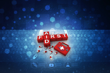 3d rendering First aid kit with pill