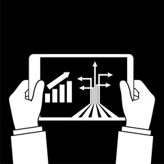 Businessman read financial analysis report with chart and graph, Hand holding tablet icon or logo on dark background