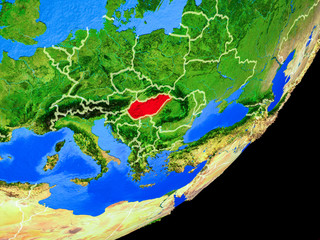 Fototapeta na wymiar Hungary on planet Earth with country borders and highly detailed planet surface.