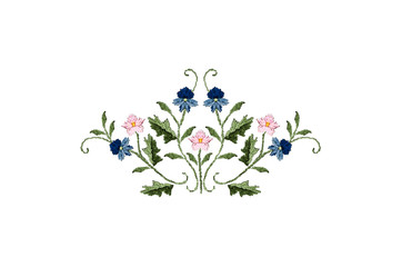 Pattern for embroidery bouquet of blue-bluish and pink flowers on twisted stems with leaves on a white background



