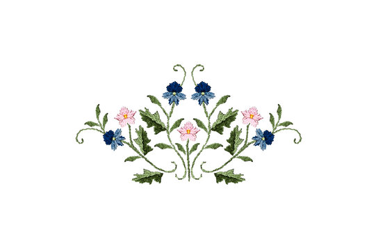 Pattern for embroidery bouquet of blue-bluish and pink flowers on twisted stems with leaves on a white background



