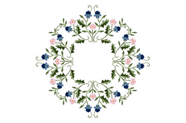 Oval wreath of embroidered bouquets with blue-bluish and pink flowers on twisted stems with leaves on white background