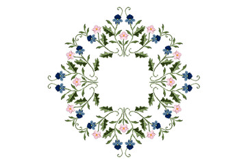 Oval wreath of embroidered bouquets with blue-bluish and pink flowers on twisted stems with leaves on white background



