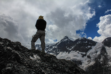 Active hiker enjoying the view. Caucasus. Elbrus