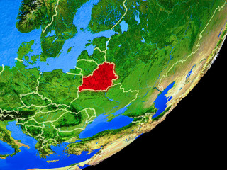 Belarus on planet Earth with country borders and highly detailed planet surface.