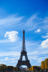 Fototapeta na wymiar Eiffel tower on blue sky and yellow foliage background