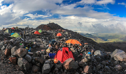 Kabardino-Balkar Rep./ Russia - July 22 2017: Base camp on the northern slope of Elbrus. Ascent to the highest point of Europa