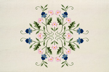  Flower ornament of embroidered bouquets with blue-bluish and pink flowers on twisted stems with leaves on cotton fabric

