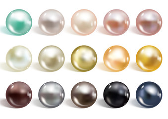 Realistic different colors pearls set. Round colored nacre formed within the shell of a pearl oyster, precious gem. Vector illustration - obrazy, fototapety, plakaty